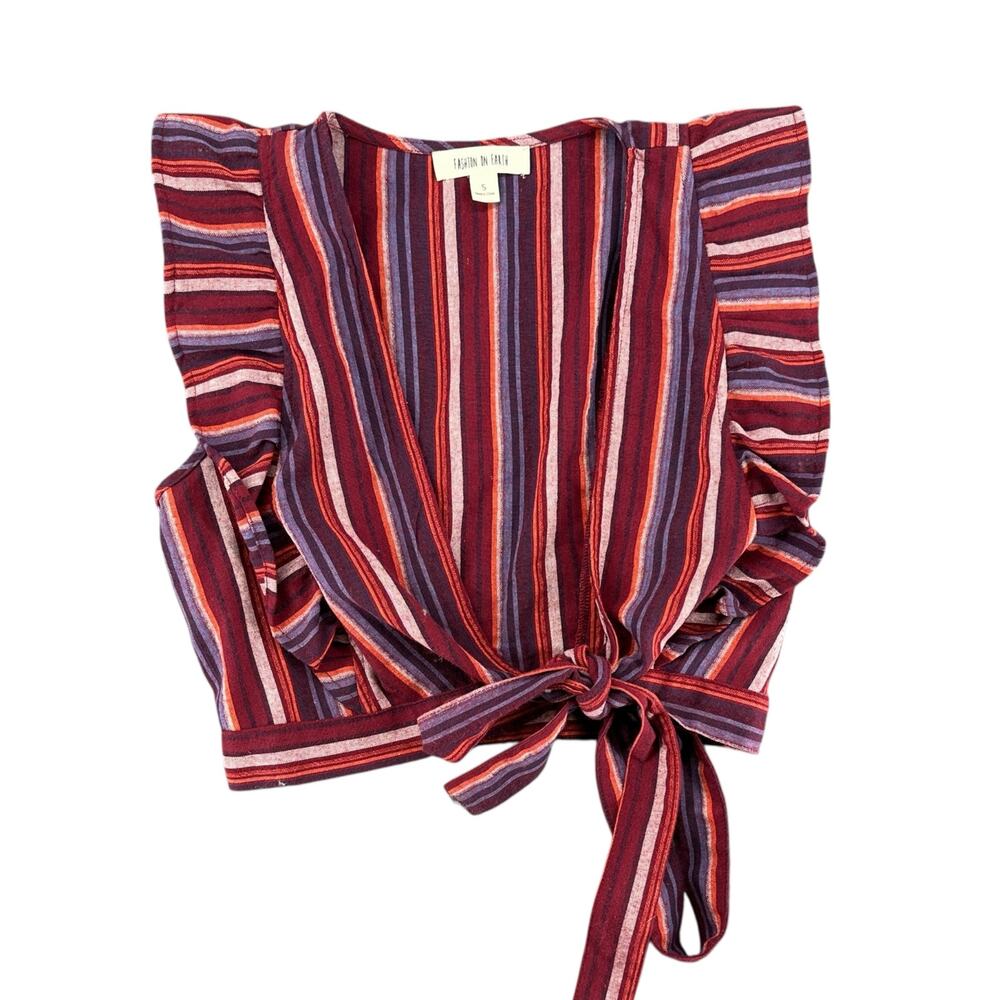 Fashion On Earth Short Ruffle Sleeve Open Wrap Front Ties Small Purple Red Boho